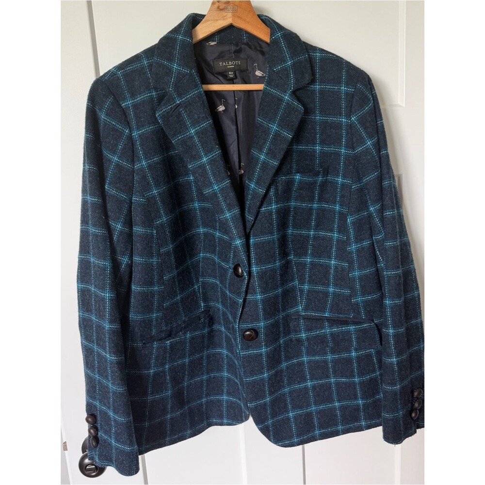 Talbots Aberdeen Wool Blazer Dark Navy Teal plaid Sz 16 Academia Preppy EUC